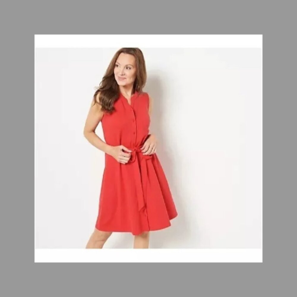 Isaac Mizrahi Live! Women's Shirt Dress Large L Red Preppy Collared A505995 NEW